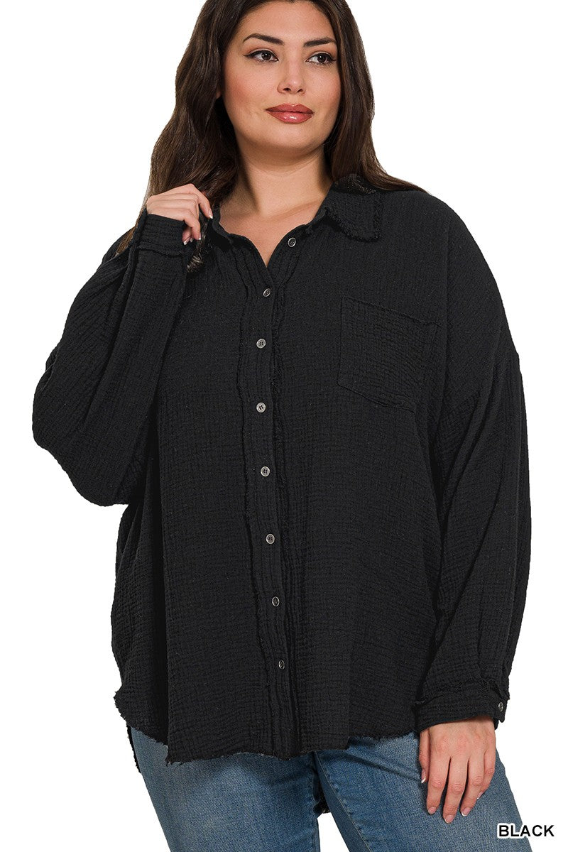 Black Oversized Raw Edge Long Sleeve