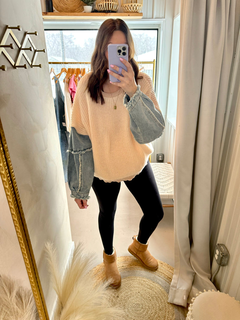 Denim Sleeve Taupe/Ivory Sweater