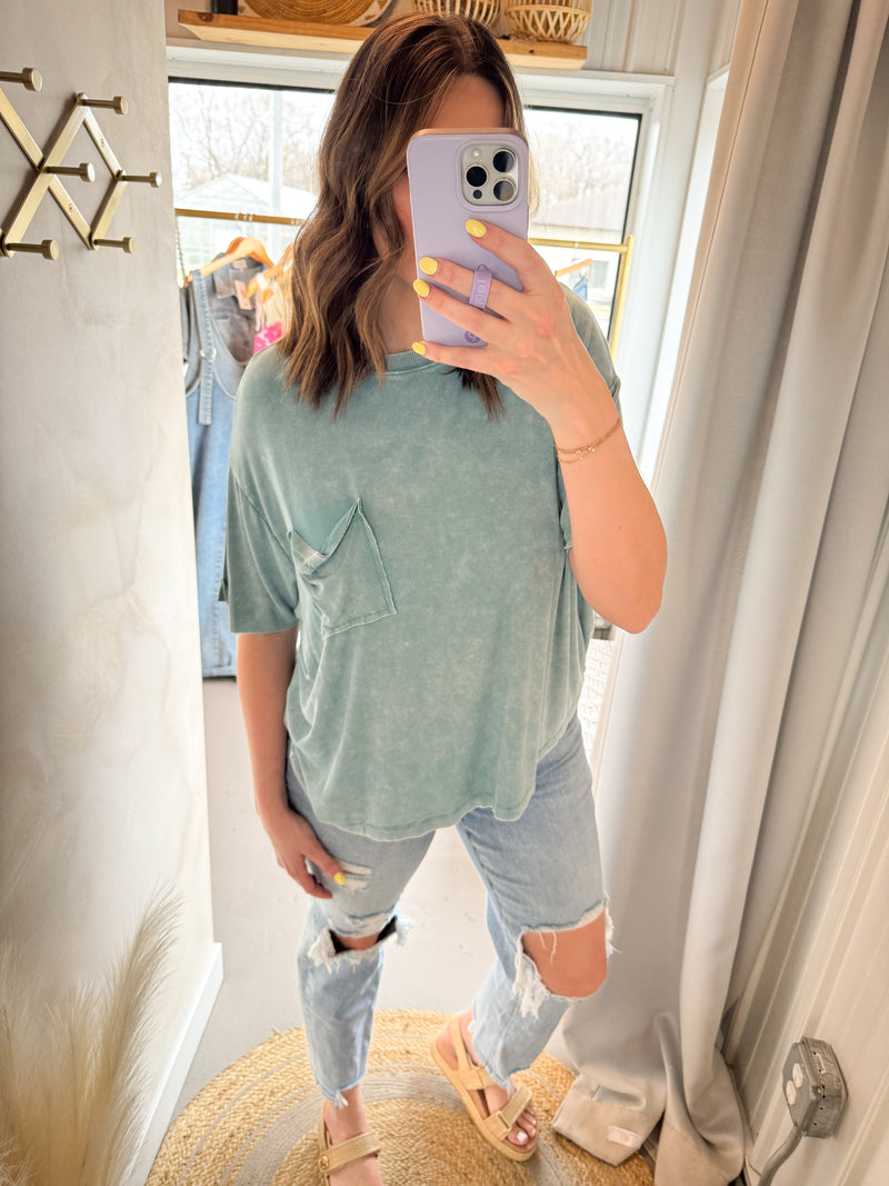 Dusty Teal Washed Ribbed Top